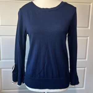 J‎ Crew Navy Blue Ruffle Cuff Long Sleeve Merino Wool Knit Sweater Size Small